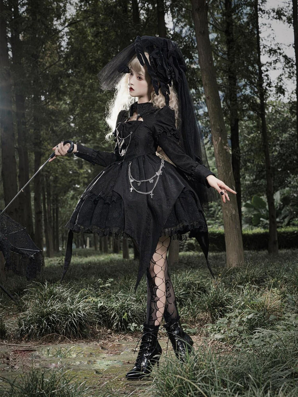 Jing Mu Gothic Lolita Spliced High Waist Polo Aline Women's Polyester Long Sleeve Op