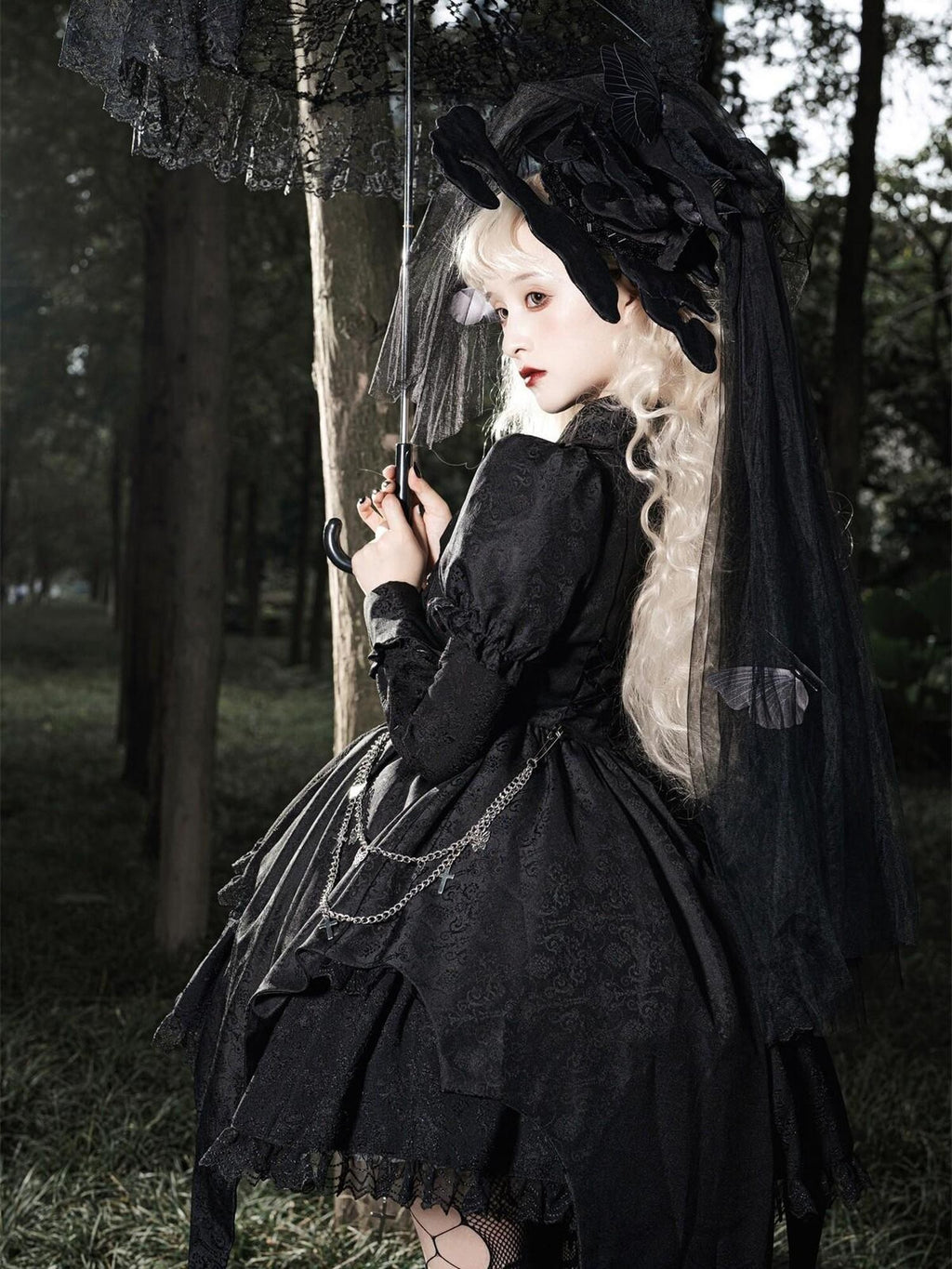 Jing Mu Gothic Lolita Spliced High Waist Polo Aline Women's Polyester Long Sleeve Op