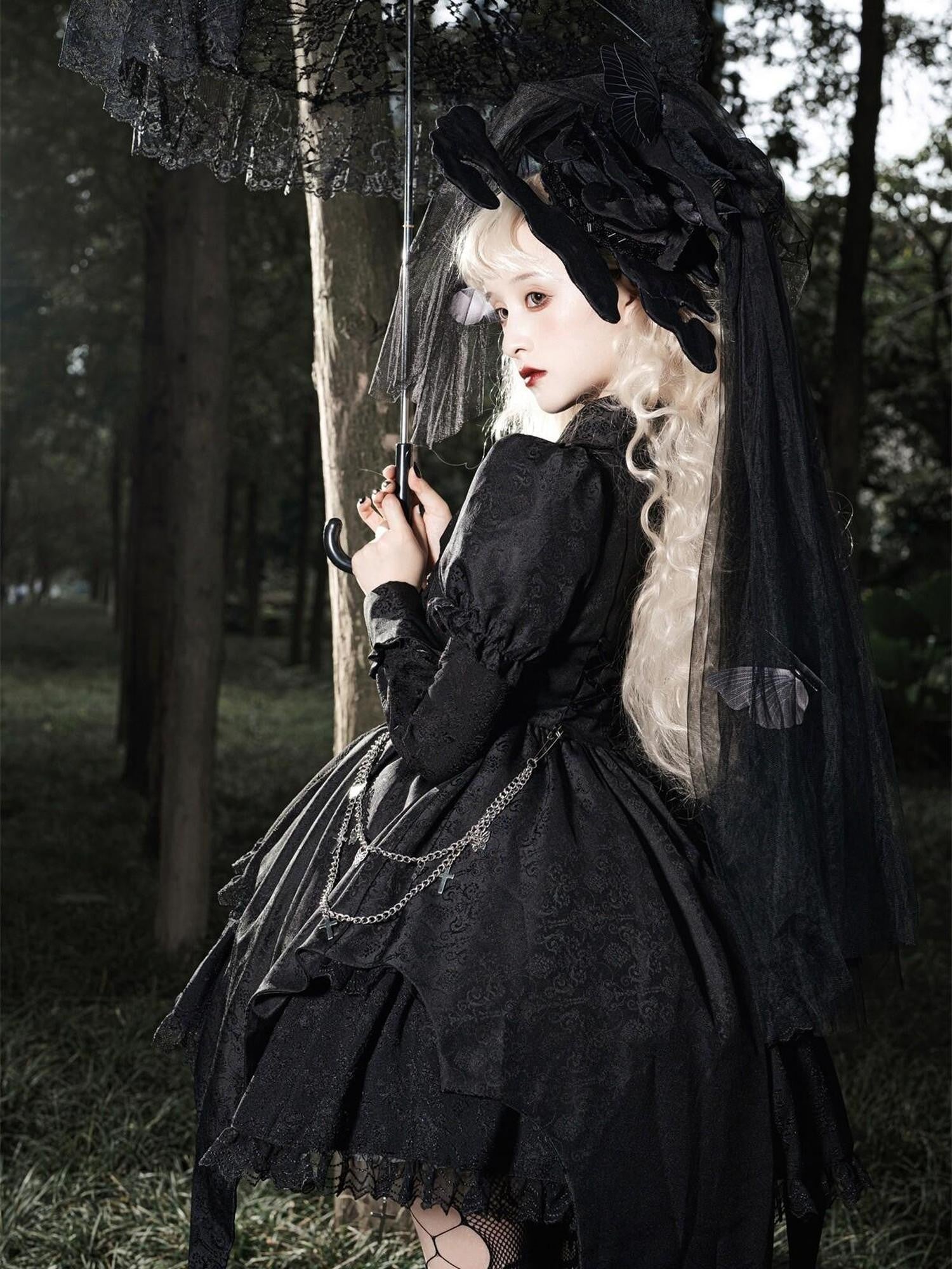 Jing Mu Gothic Lolita Spliced High Waist Polo Aline Women's Polyester Long Sleeve Op
