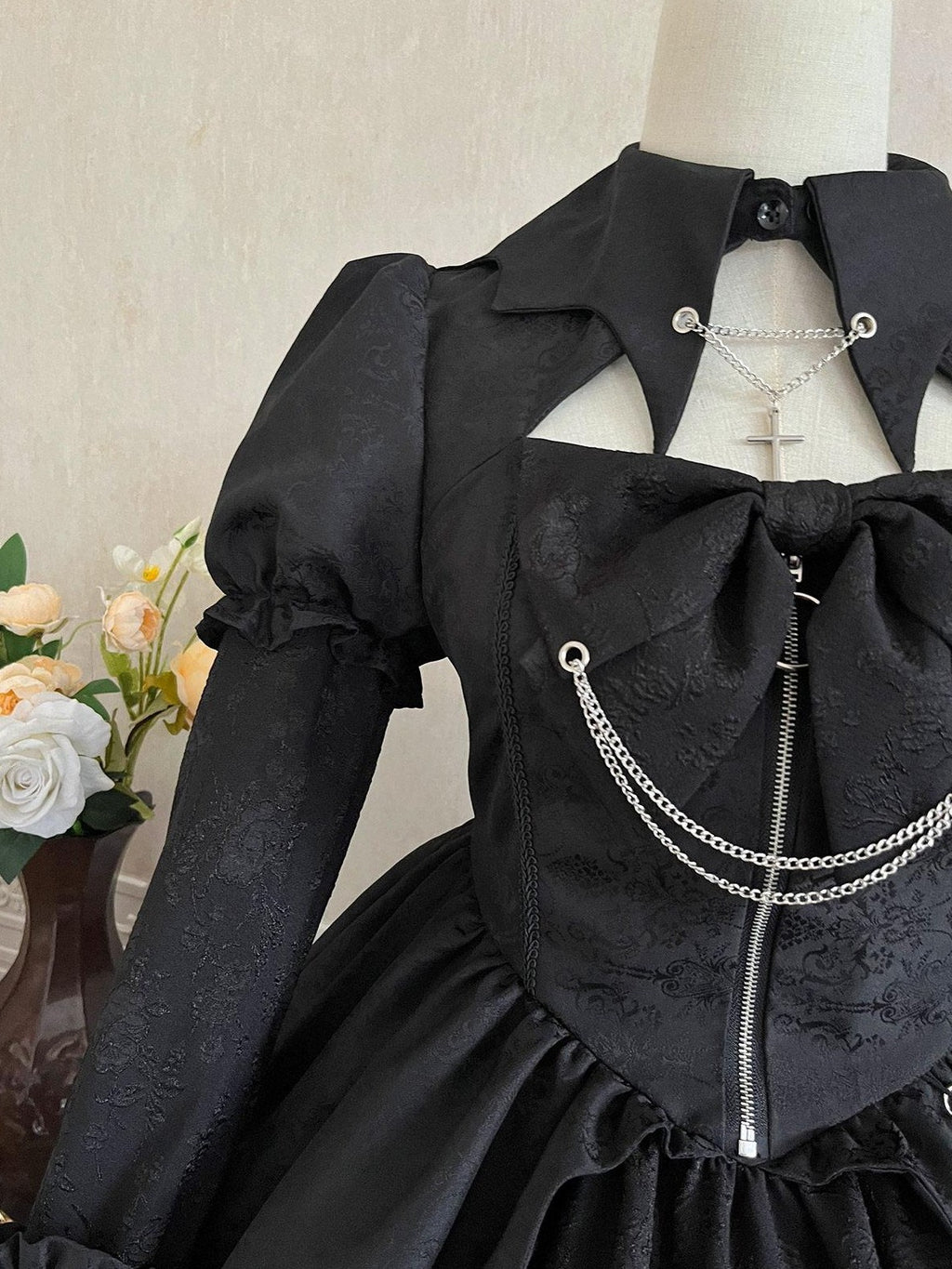 Jing Mu Gothic Lolita Spliced High Waist Polo Aline Women's Polyester Long Sleeve Op