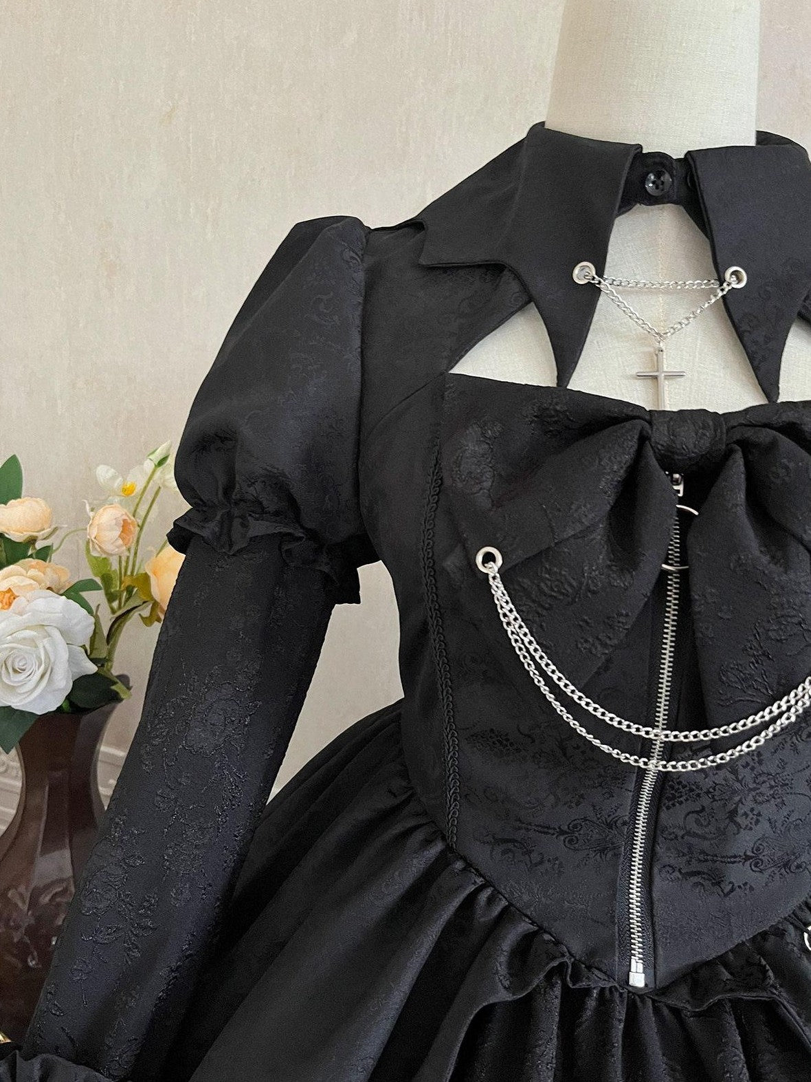 Jing Mu Gothic Lolita Spliced High Waist Polo Aline Women's Polyester Long Sleeve Op