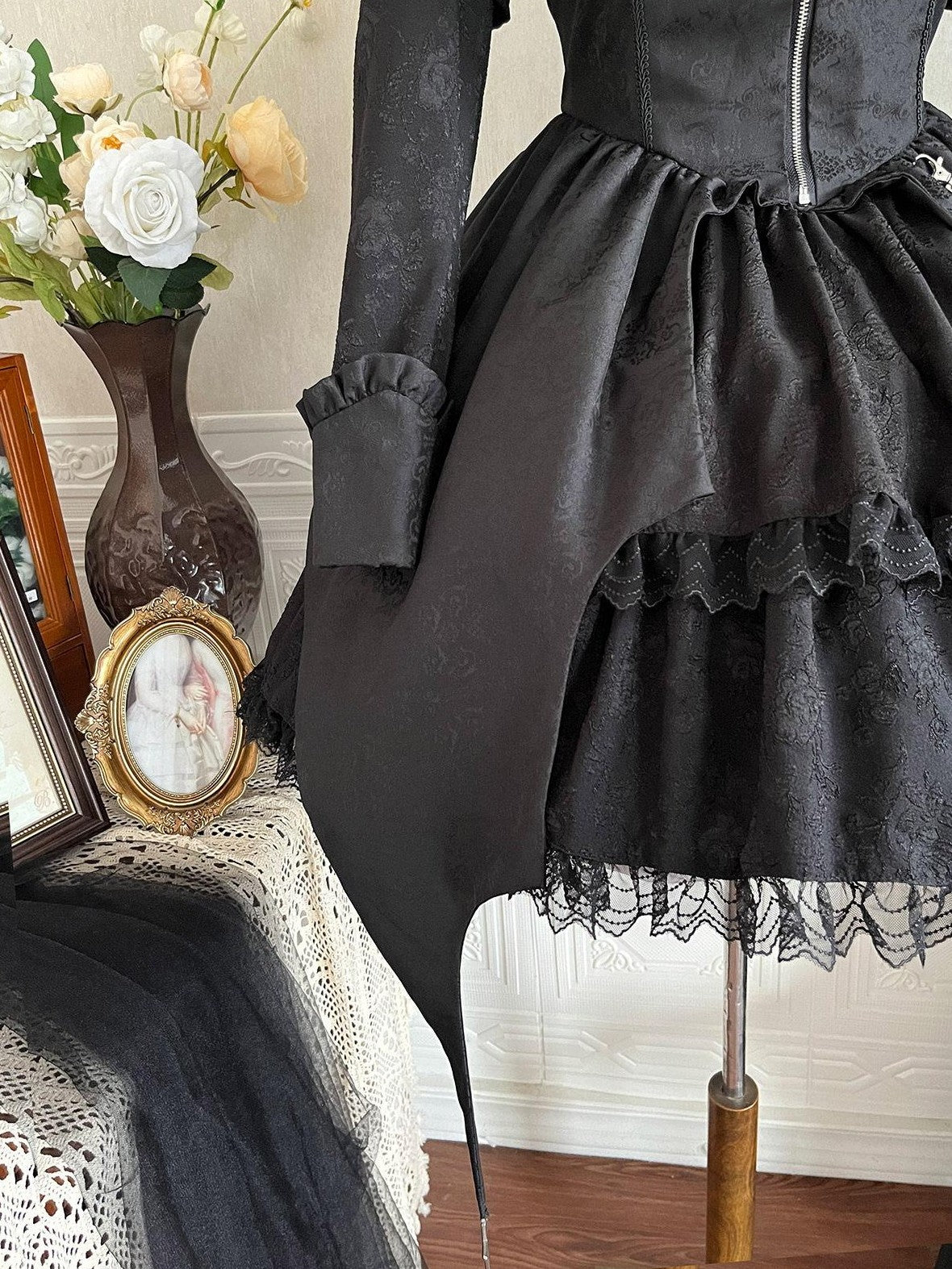 Jing Mu Gothic Lolita Spliced High Waist Polo Aline Women's Polyester Long Sleeve Op