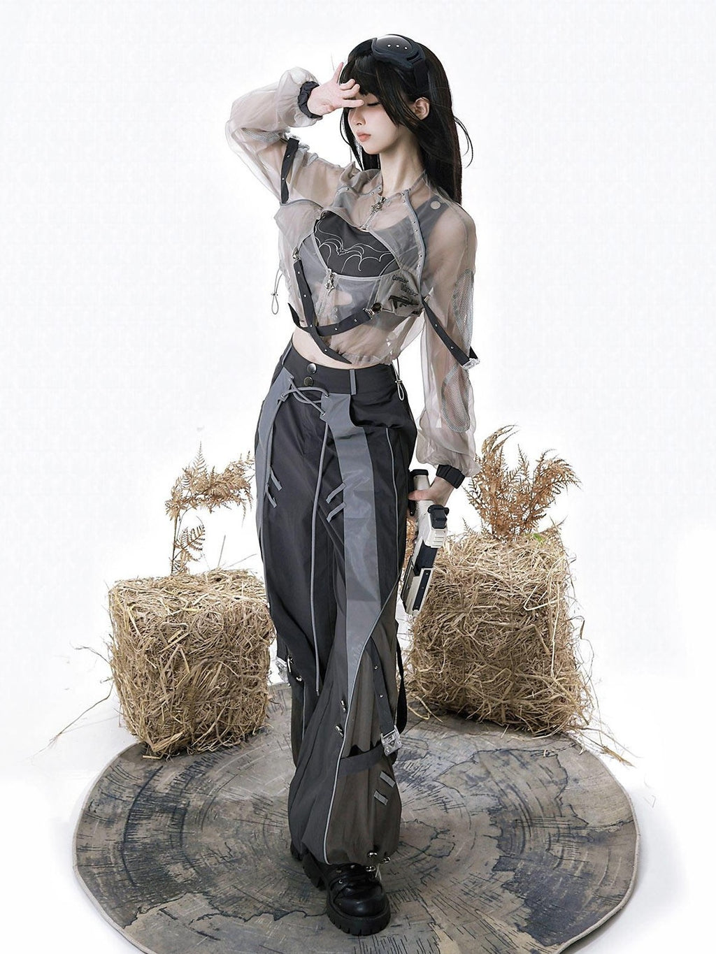 Jing Mu Gray Cyberpunk Cargo High Waist Women's Vest Top Pants Full Coordination Sets
