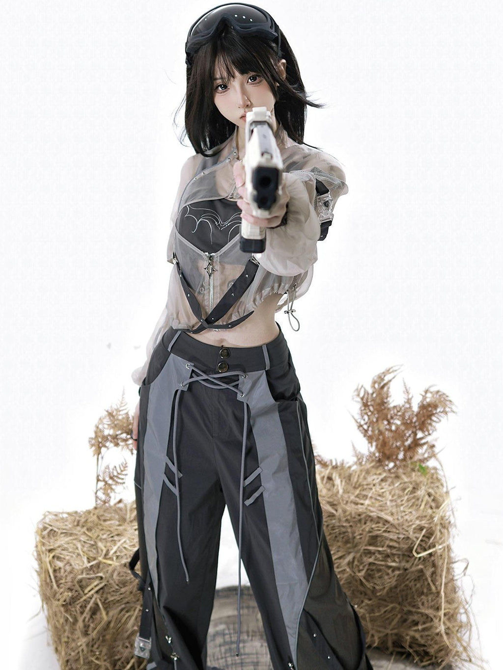 Jing Mu Gray Cyberpunk Cargo High Waist Women's Vest Top Pants Full Coordination Sets