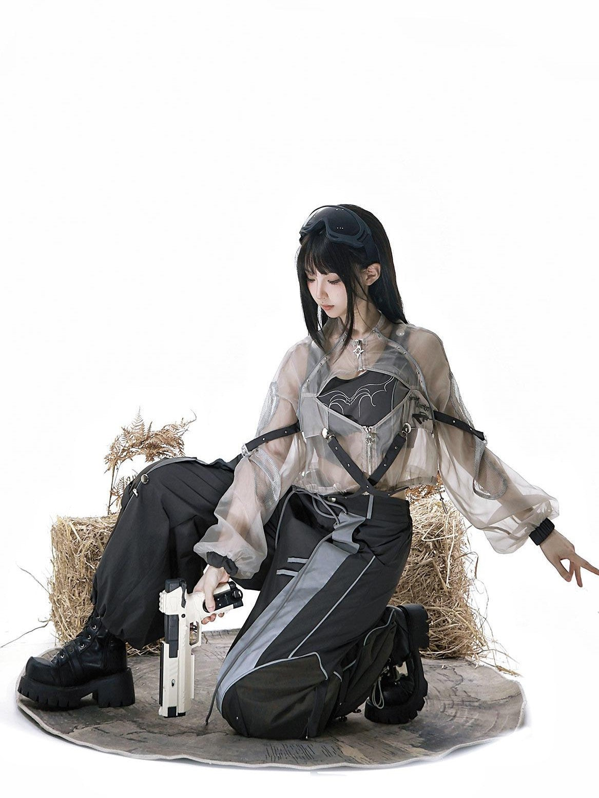 Jing Mu Gray Cyberpunk Cargo High Waist Women's Vest Top Pants Full Coordination Sets