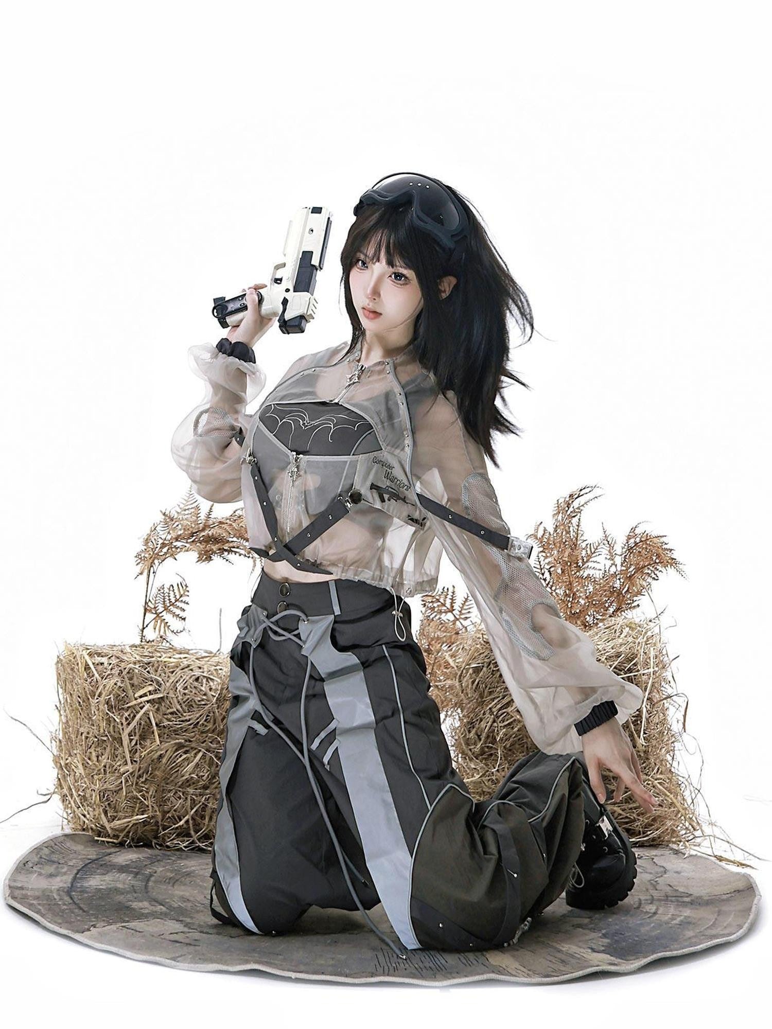 Jing Mu Gray Cyberpunk Cargo High Waist Women's Vest Top Pants Full Coordination Sets