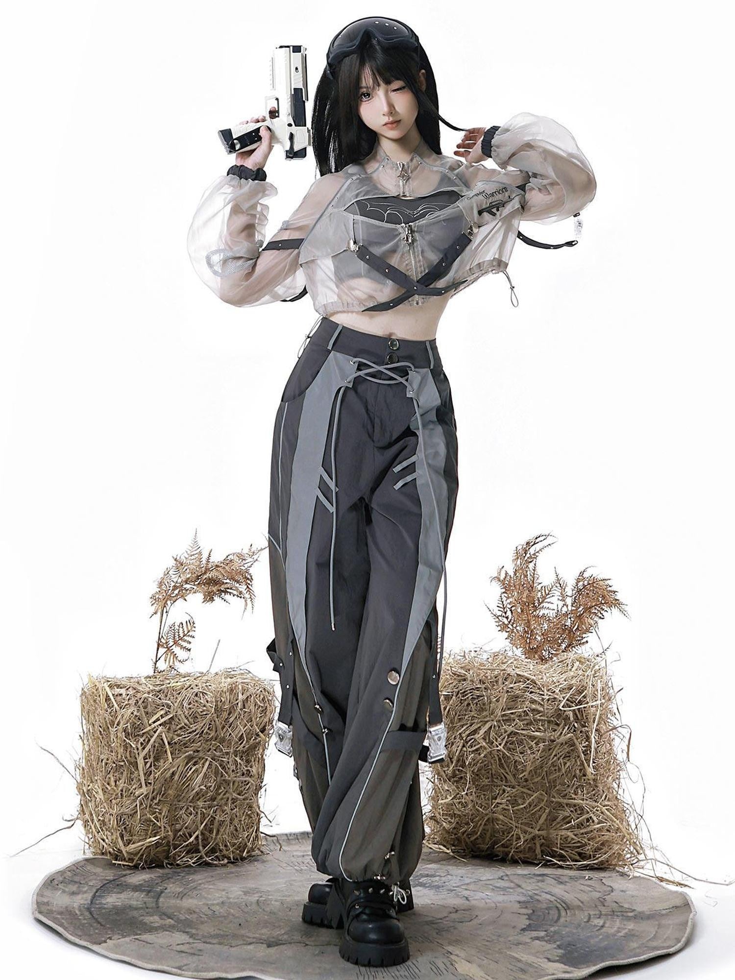 Jing Mu Gray Cyberpunk Cargo High Waist Women's Vest Top Pants Full Coordination Sets