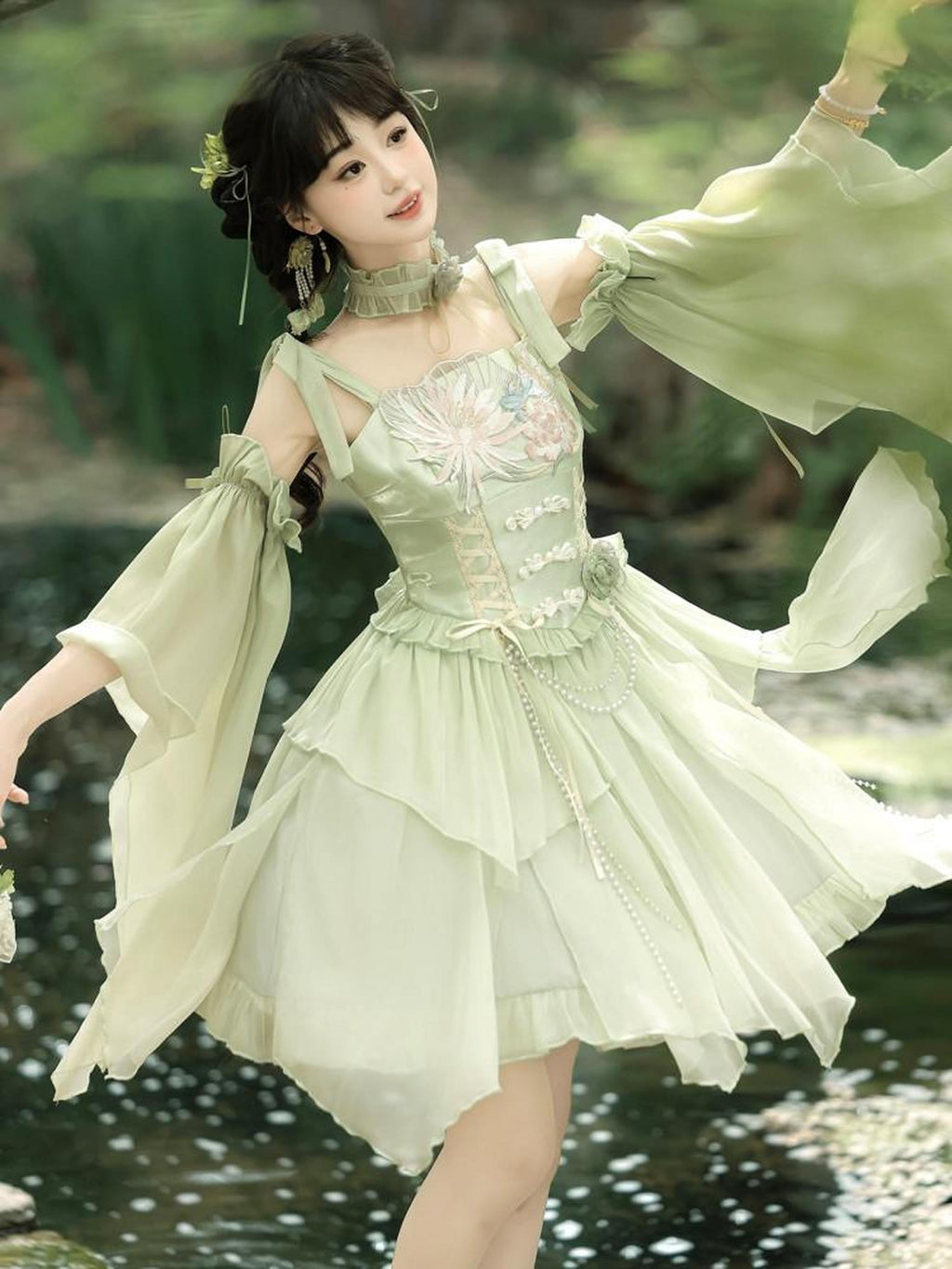 Jing Mu Green Chinese Style Lolita Spaghetti Strap Women's Jsk / Jumper Skirts