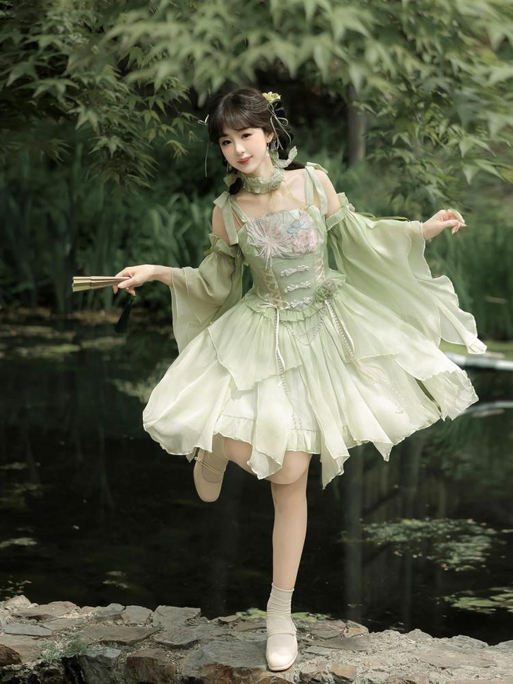 Jing Mu Green Chinese Style Lolita Spaghetti Strap Women's Jsk / Jumper Skirts
