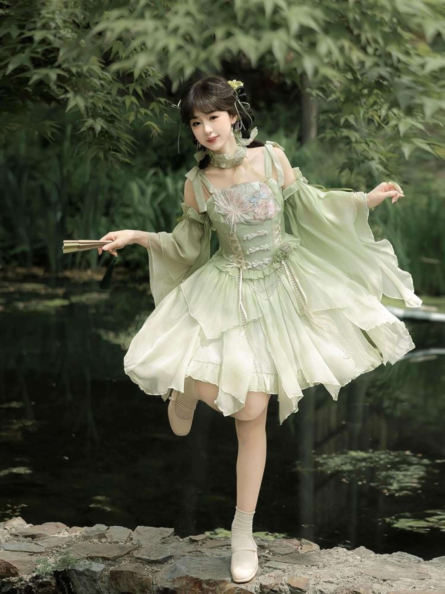 Jing Mu Green Chinese Style Lolita Spaghetti Strap Women's Jsk / Jumper Skirts