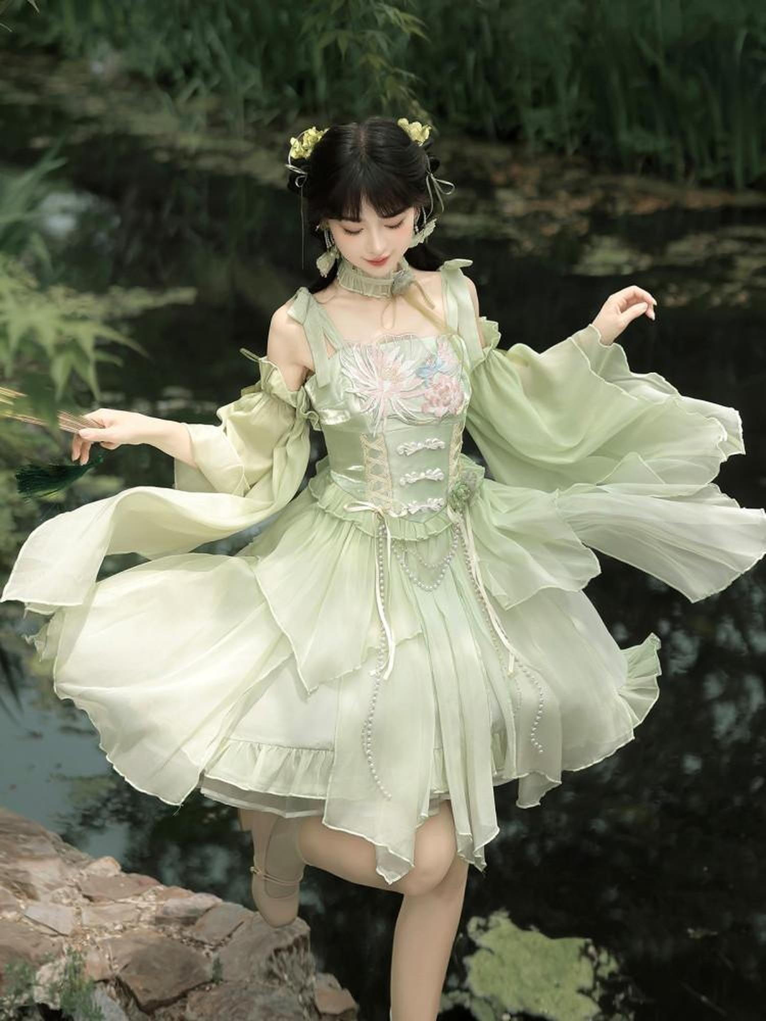 Jing Mu Green Chinese Style Lolita Spaghetti Strap Women's Jsk / Jumper Skirts