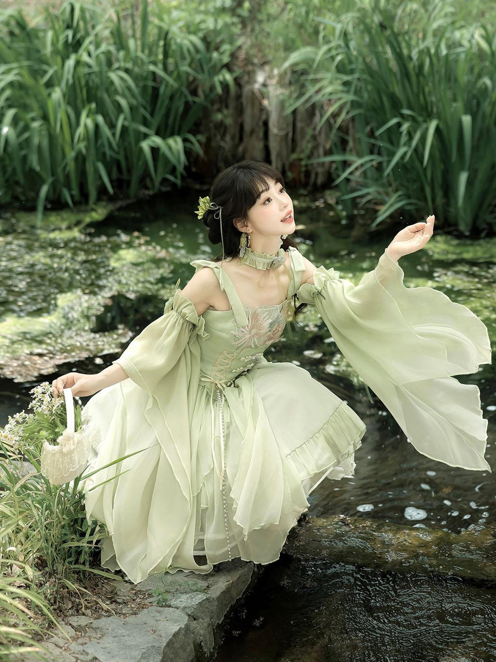 Jing Mu Green Chinese Style Lolita Spaghetti Strap Women's Jsk / Jumper Skirts