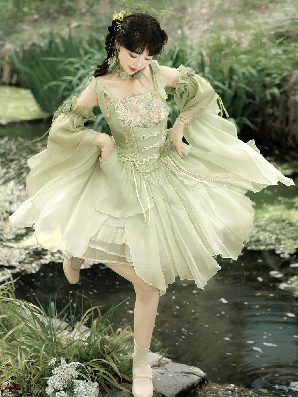 Jing Mu Green Chinese Style Lolita Spaghetti Strap Women's Jsk / Jumper Skirts