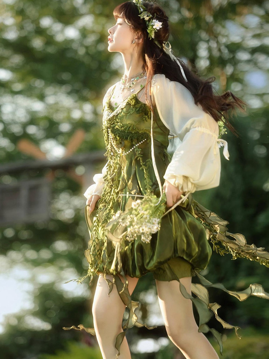 Jing Mu Green Forest Chinese Lolita Square Neck Puff Skirt Slim Women's Jsk Sets