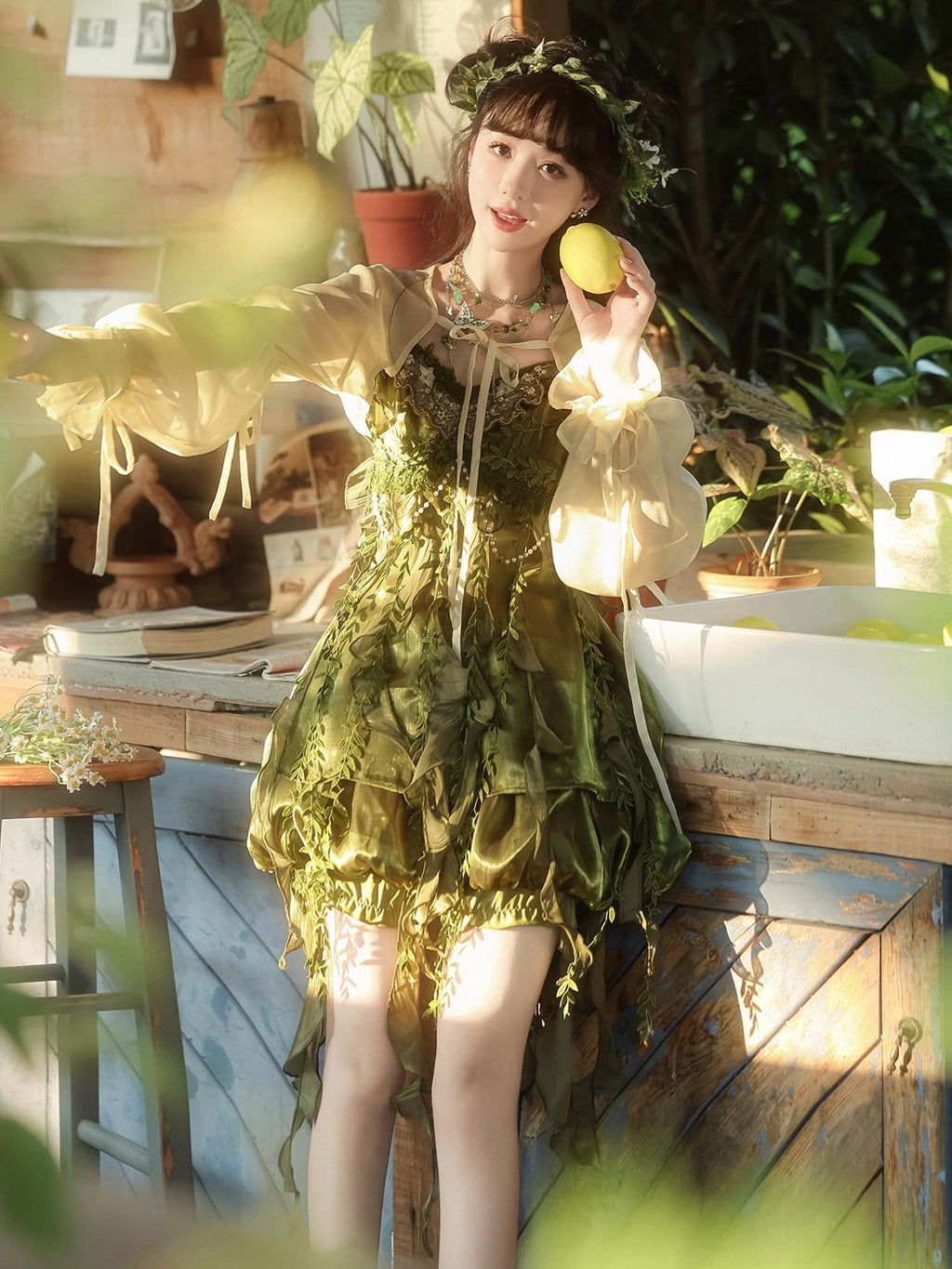 Jing Mu Green Forest Chinese Lolita Square Neck Puff Skirt Slim Women's Jsk Sets