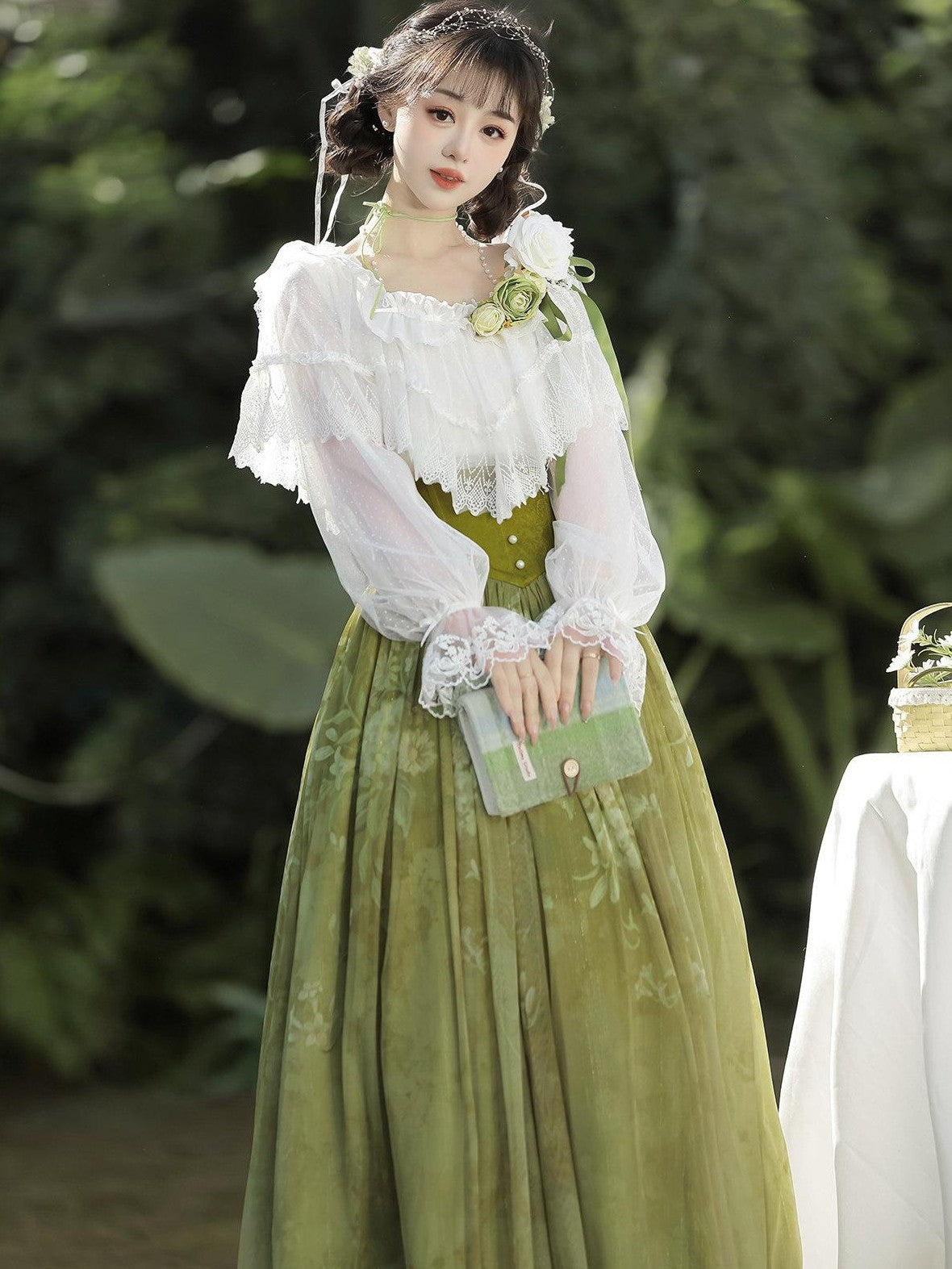 Jing Mu Green Vine Print Lolita Stand Collar Women's Shirt And Skirt Two Piece Skirt Sets
