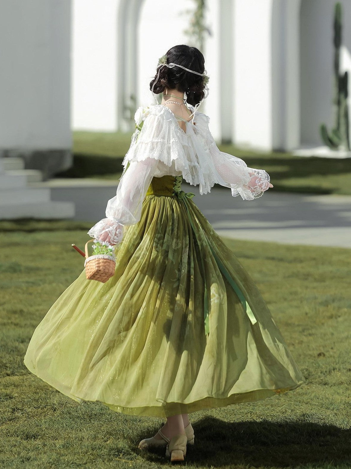Jing Mu Green Vine Print Lolita Stand Collar Women's Shirt And Skirt Two Piece Skirt Sets