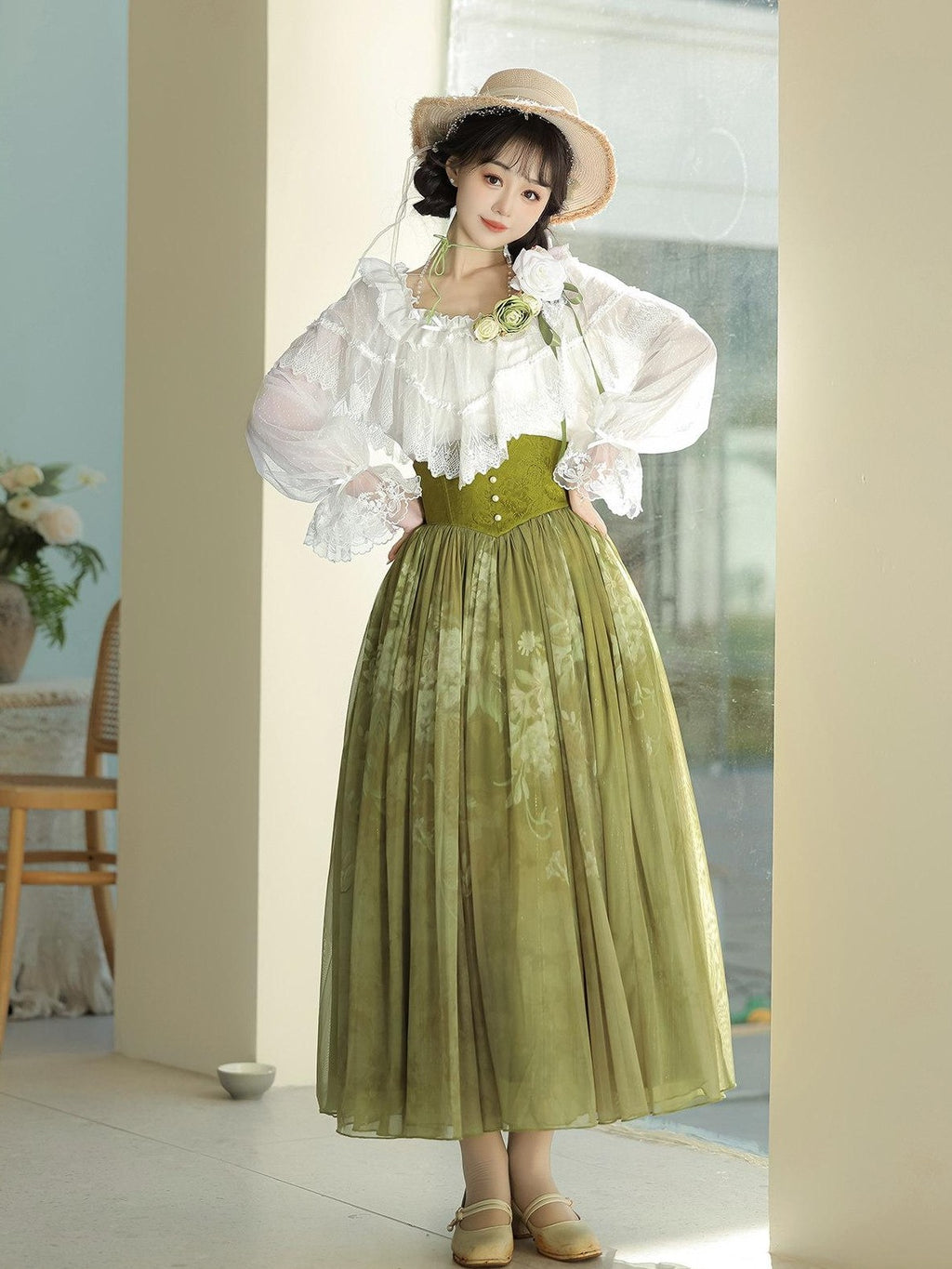 Jing Mu Green Vine Print Lolita Stand Collar Women's Shirt And Skirt Two Piece Skirt Sets