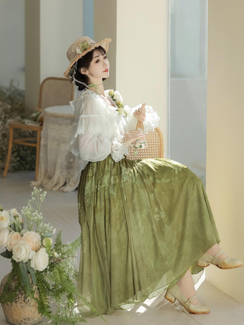 Jing Mu Green Vine Print Lolita Stand Collar Women's Shirt And Skirt Two Piece Skirt Sets