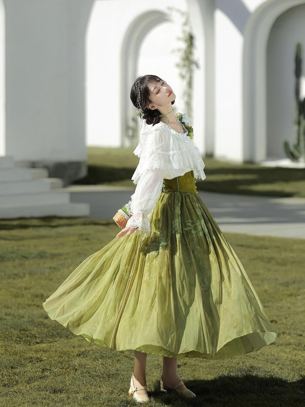 Jing Mu Green Vine Print Lolita Stand Collar Women's Shirt And Skirt Two Piece Skirt Sets