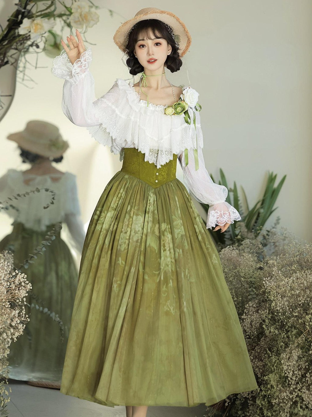 Jing Mu Green Vine Print Lolita Stand Collar Women's Shirt And Skirt Two Piece Skirt Sets