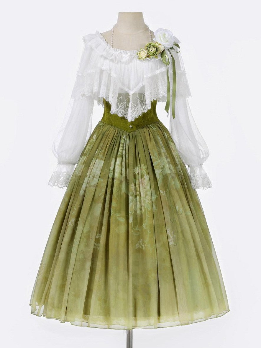 Jing Mu Green Vine Print Lolita Stand Collar Women's Shirt And Skirt Two Piece Skirt Sets