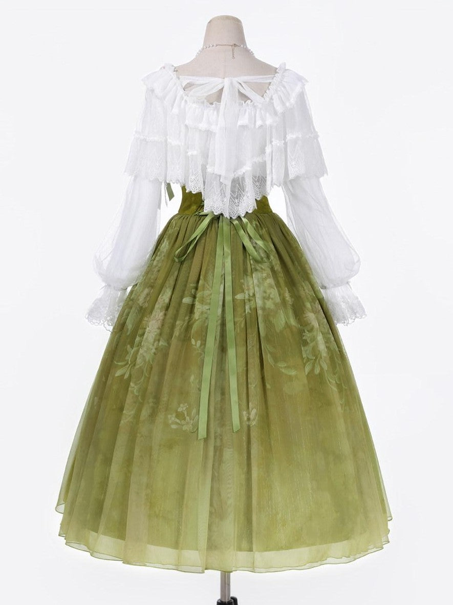 Jing Mu Green Vine Print Lolita Stand Collar Women's Shirt And Skirt Two Piece Skirt Sets