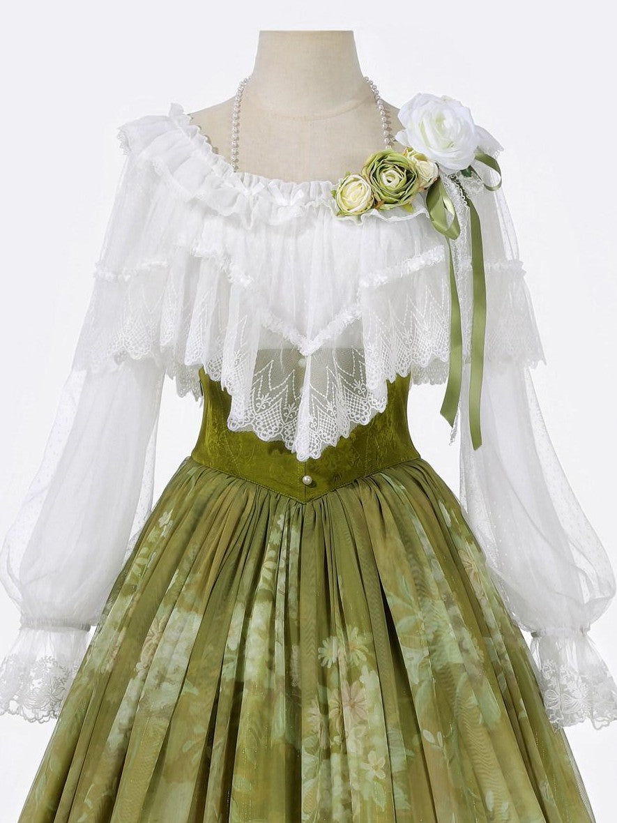 Jing Mu Green Vine Print Lolita Stand Collar Women's Shirt And Skirt Two Piece Skirt Sets