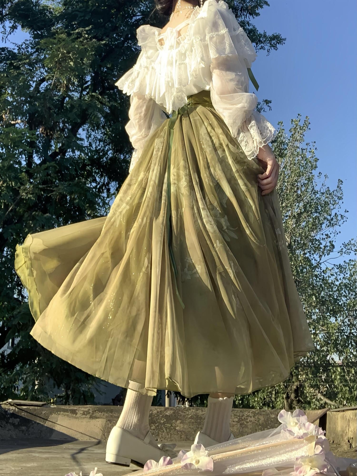 Jing Mu Green Vine Print Lolita Stand Collar Women's Shirt And Skirt Two Piece Skirt Sets