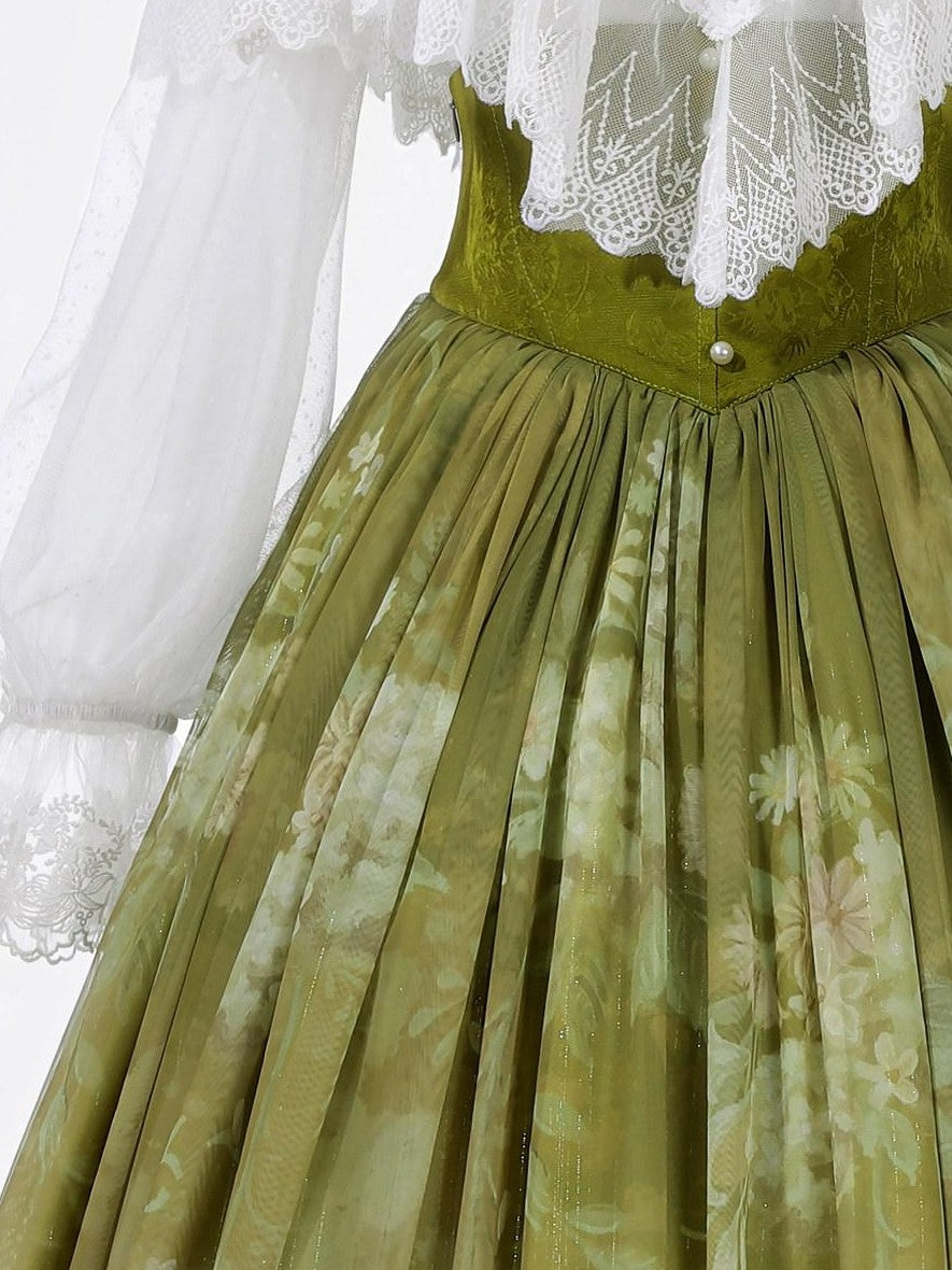 Jing Mu Green Vine Print Lolita Stand Collar Women's Shirt And Skirt Two Piece Skirt Sets