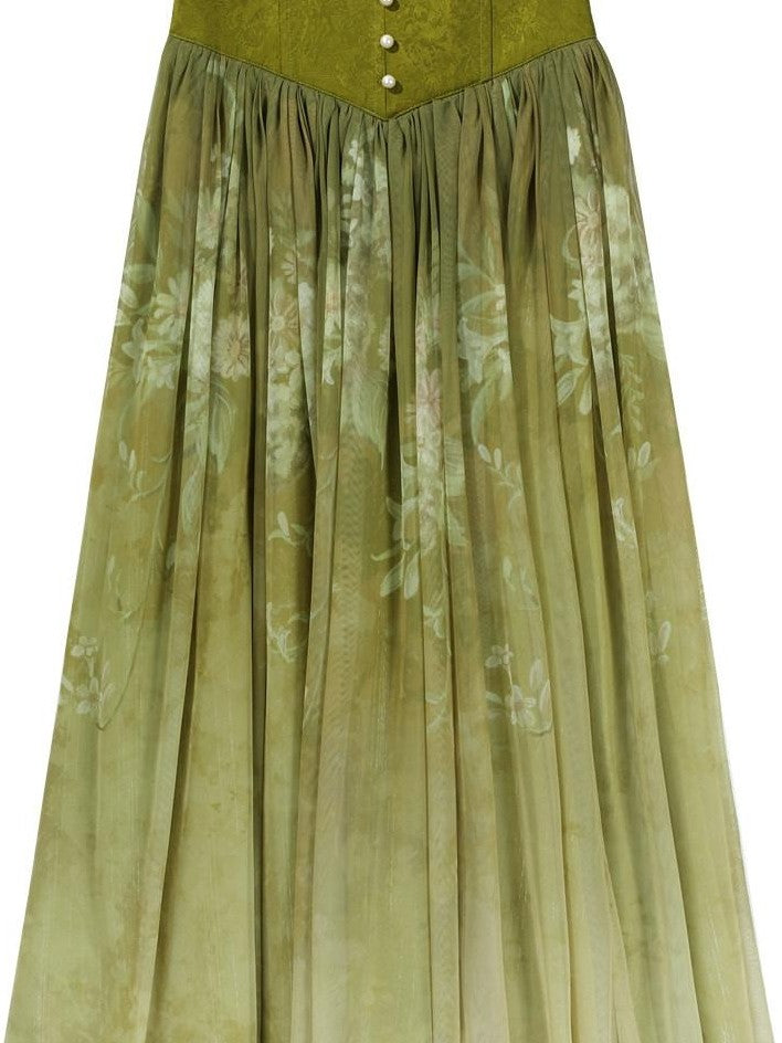 Jing Mu Green Vine Print Lolita Stand Collar Women's Shirt And Skirt Two Piece Skirt Sets