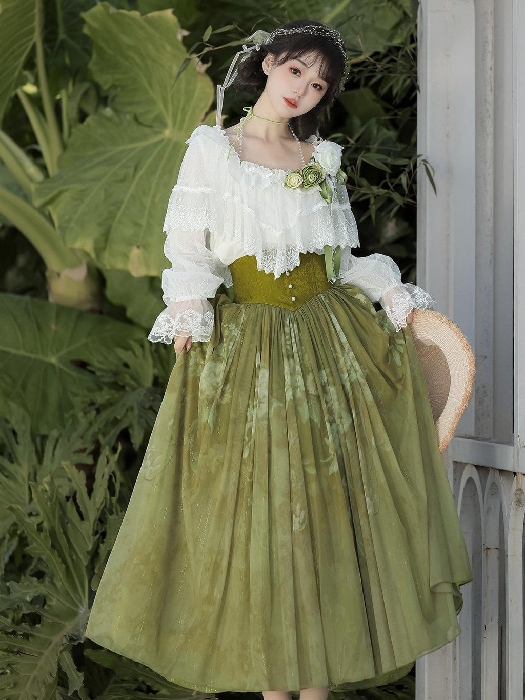 Jing Mu Green Vine Print Lolita Stand Collar Women's Shirt And Skirt Two Piece Skirt Sets