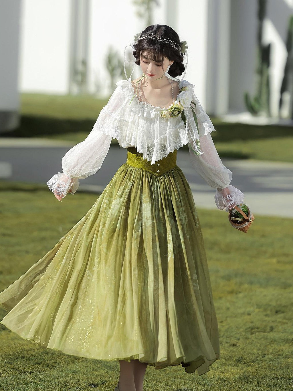 Jing Mu Green Vine Print Lolita Stand Collar Women's Shirt And Skirt Two Piece Skirt Sets
