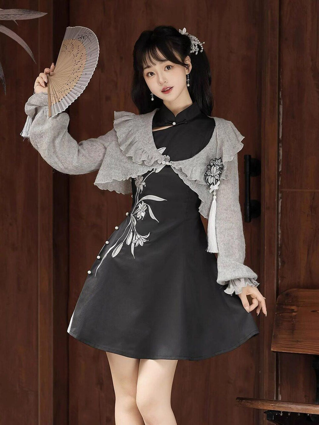 Jing Mu Grey Lily Chinese Doll Collar Two Piece A Line Women's Polyester Jsk Sets