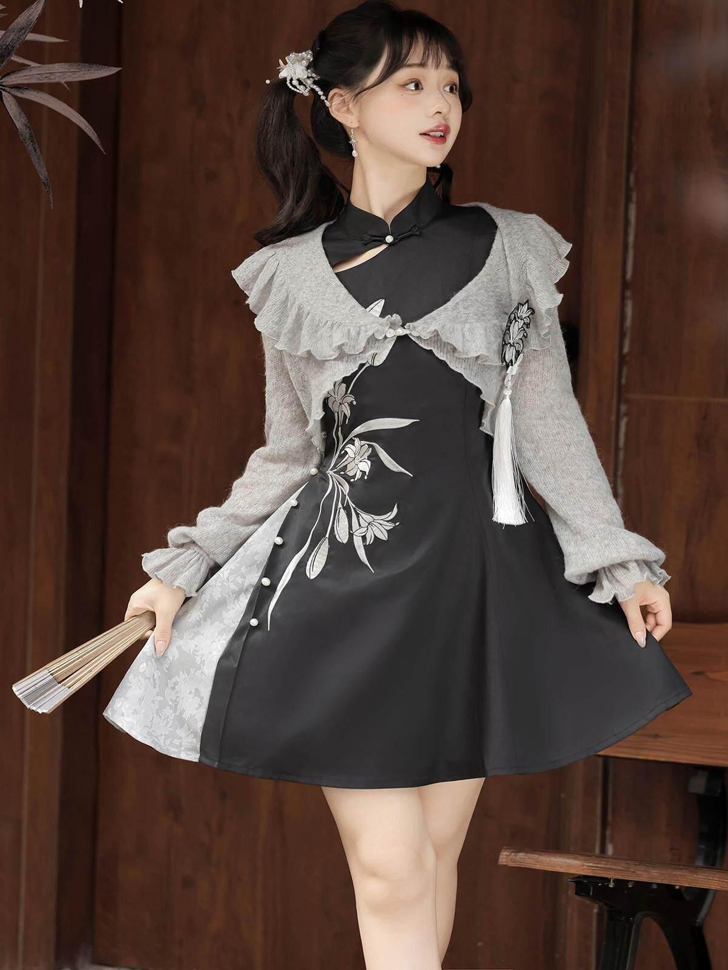Jing Mu Grey Lily Chinese Doll Collar Two Piece A Line Women's Polyester Jsk Sets