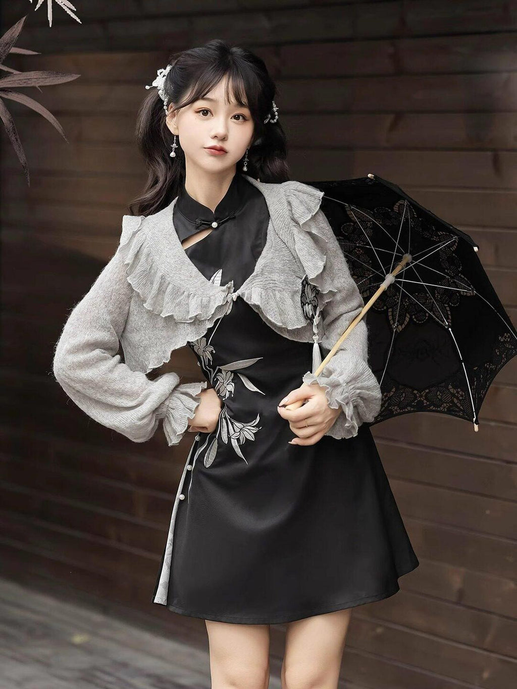 Jing Mu Grey Lily Chinese Doll Collar Two Piece A Line Women's Polyester Jsk Sets