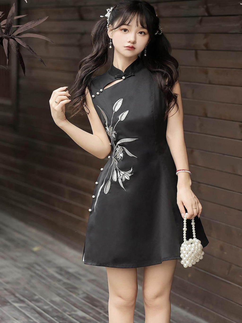 Jing Mu Grey Lily Chinese Doll Collar Two Piece A Line Women's Polyester Jsk Sets