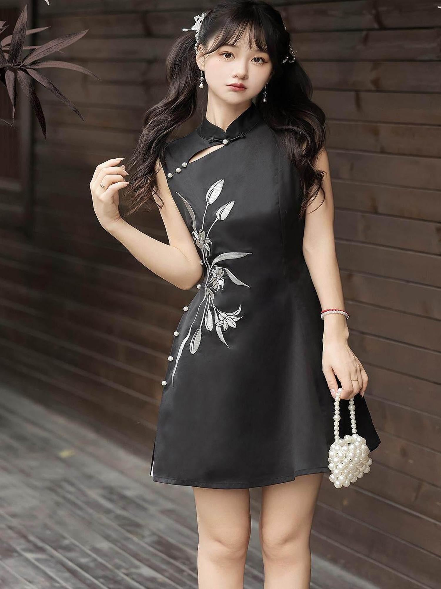 Jing Mu Grey Lily Chinese Doll Collar Two Piece A Line Women's Polyester Jsk Sets
