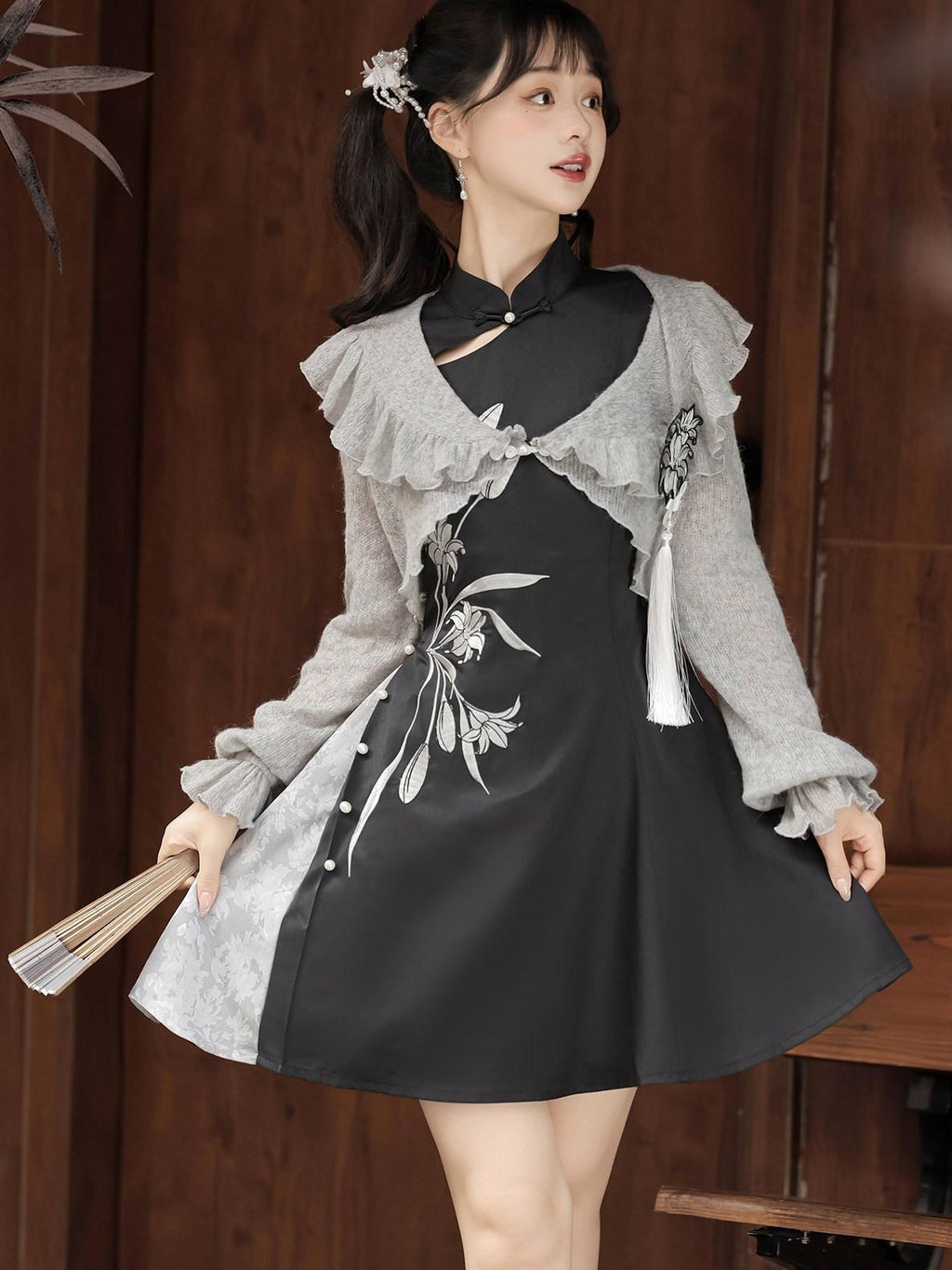 Jing Mu Grey Lily Chinese Doll Collar Two Piece A Line Women's Polyester Jsk Sets