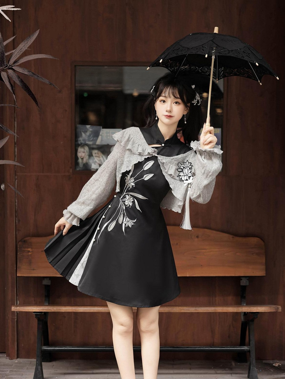 Jing Mu Grey Lily Chinese Doll Collar Two Piece A Line Women's Polyester Jsk Sets