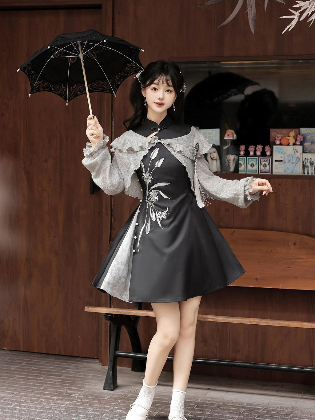Jing Mu Grey Lily Chinese Doll Collar Two Piece A Line Women's Polyester Jsk Sets