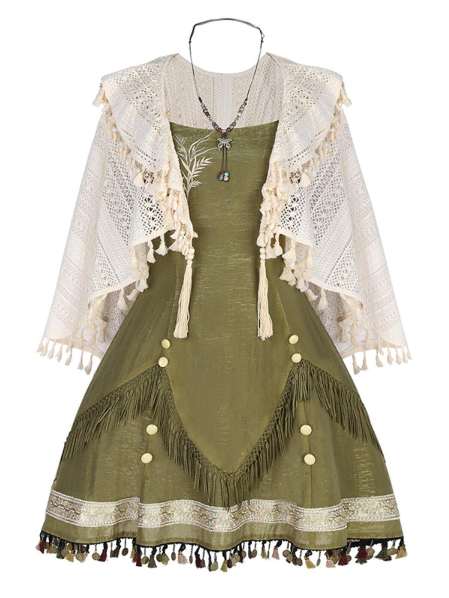 Jing Mu Han Motif Ethnic Shawl Cardigan Lolita Two Piece Women's Jsk / Jumper Skirts