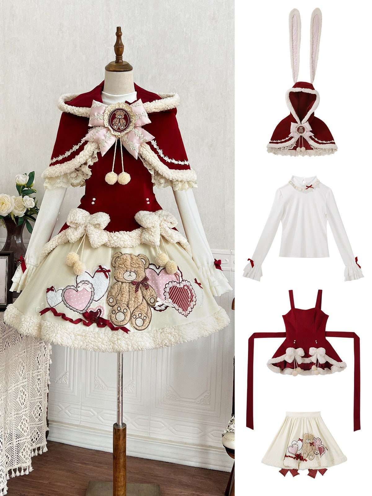 Jing_Mu_Heart_Print_Rabbit_Ear_Cape_Spaghetti_Strap_Puff_Jsk_Women's_Skirt_Sets_1003927367660_MISSTT