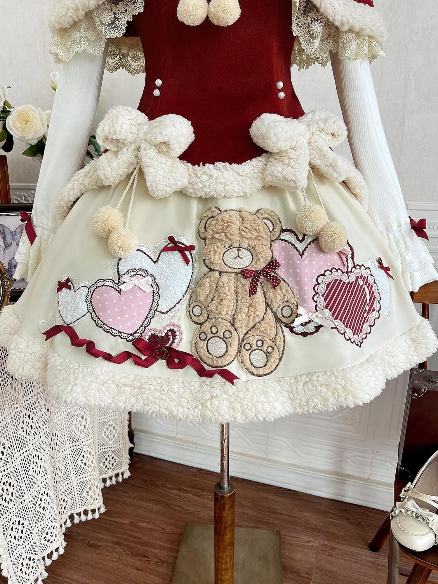Jing Mu Heart Print Rabbit Ear Cape Spaghetti Strap Puff Jsk Women's Skirt Sets