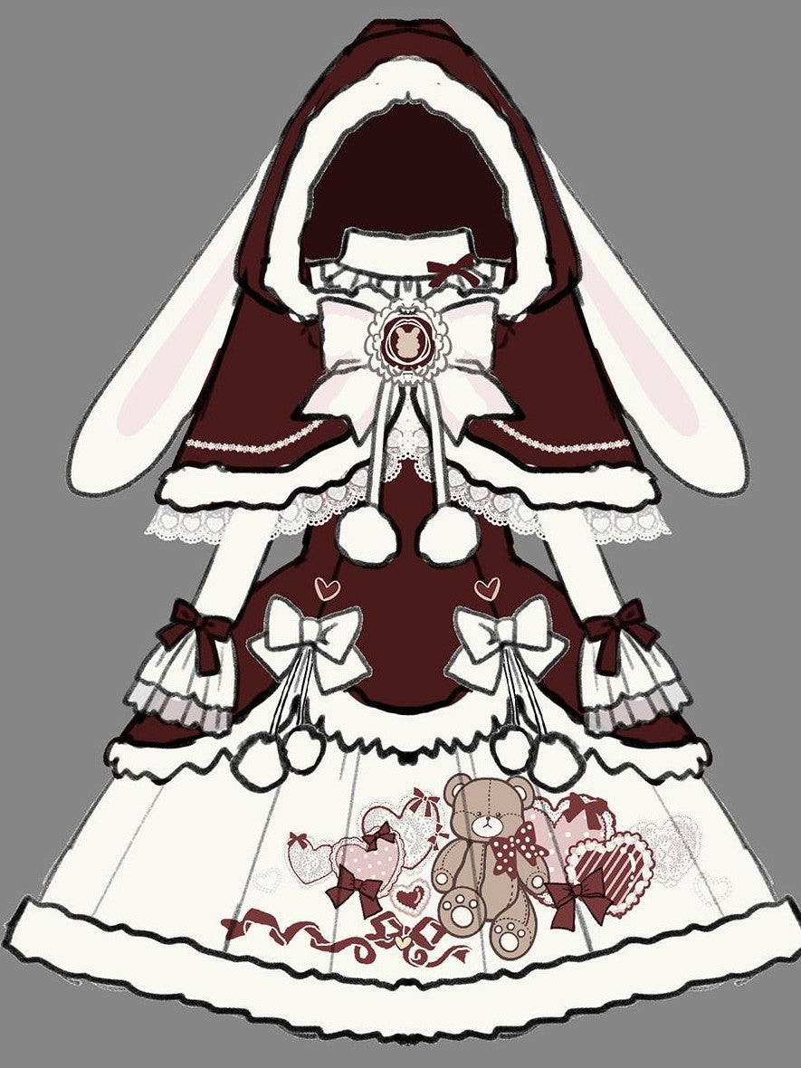 Jing Mu Heart Print Rabbit Ear Cape Spaghetti Strap Puff Jsk Women's Skirt Sets
