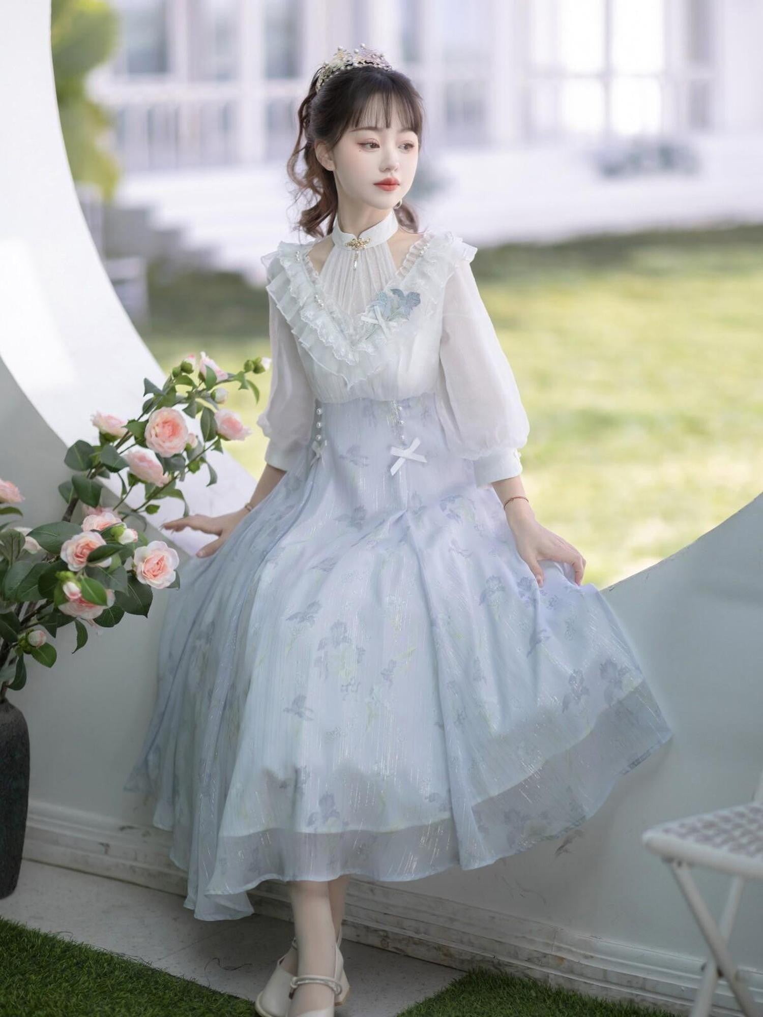 Jing Mu Iris Dream Lolita Bow Stand Collar A Line Women's Polyester Short Sleeve Op