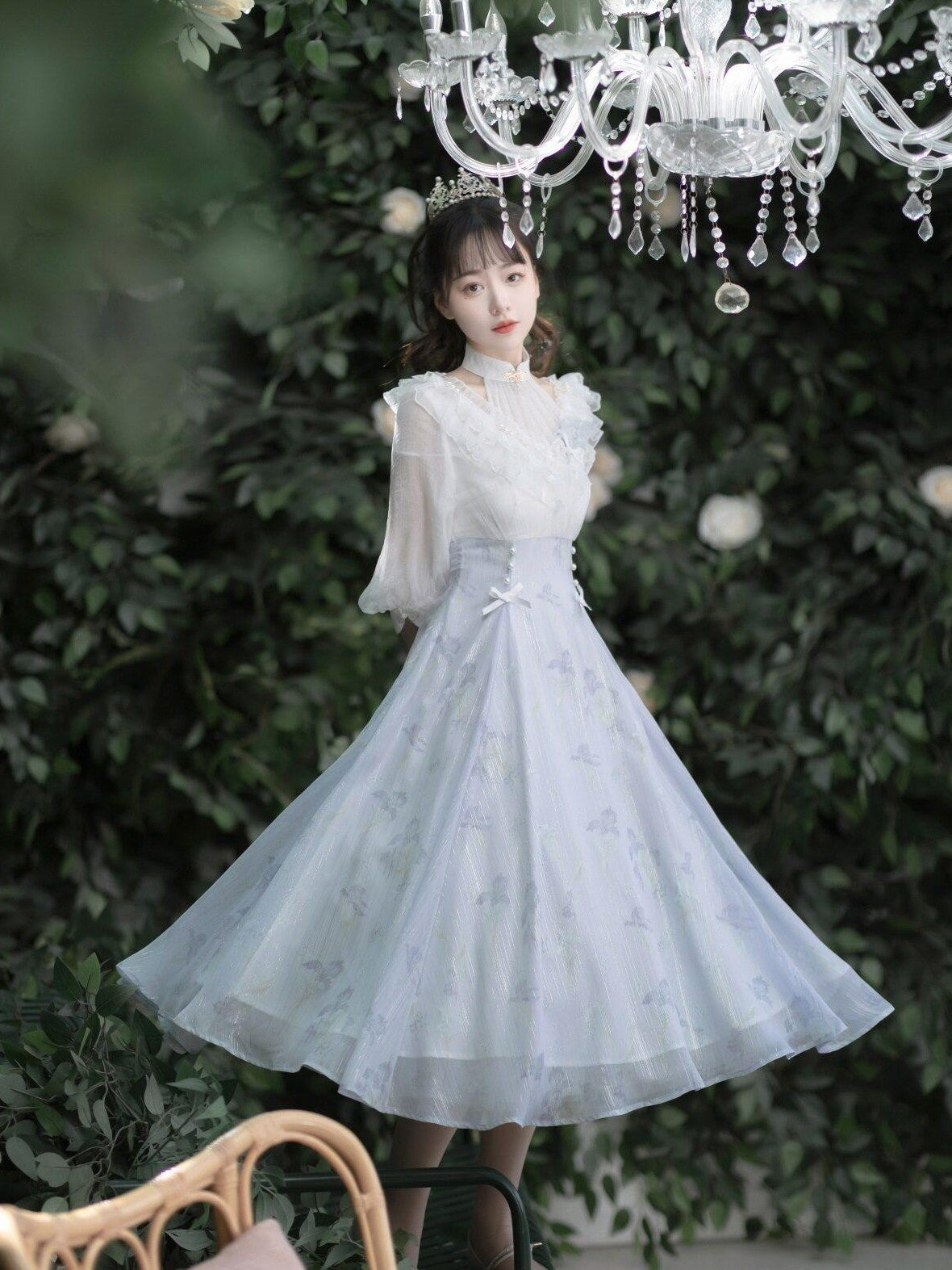 Jing Mu Iris Dream Lolita Bow Stand Collar A Line Women's Polyester Short Sleeve Op