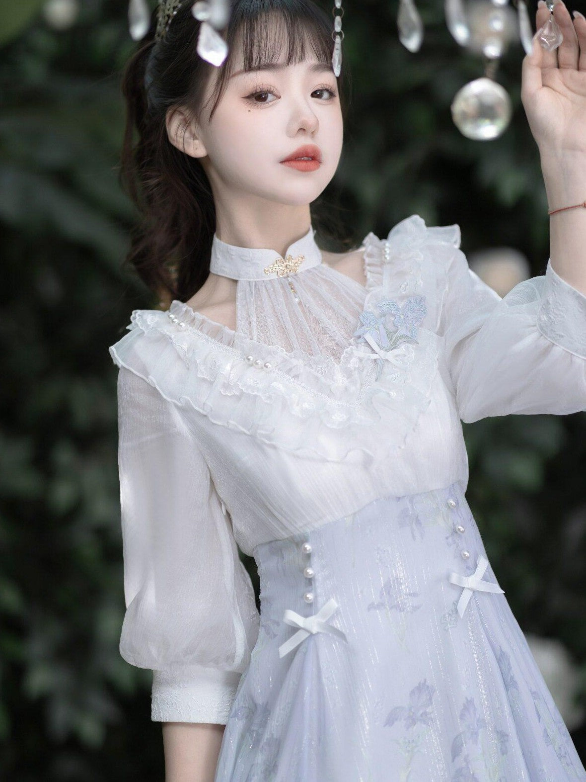 Jing Mu Iris Dream Lolita Bow Stand Collar A Line Women's Polyester Short Sleeve Op