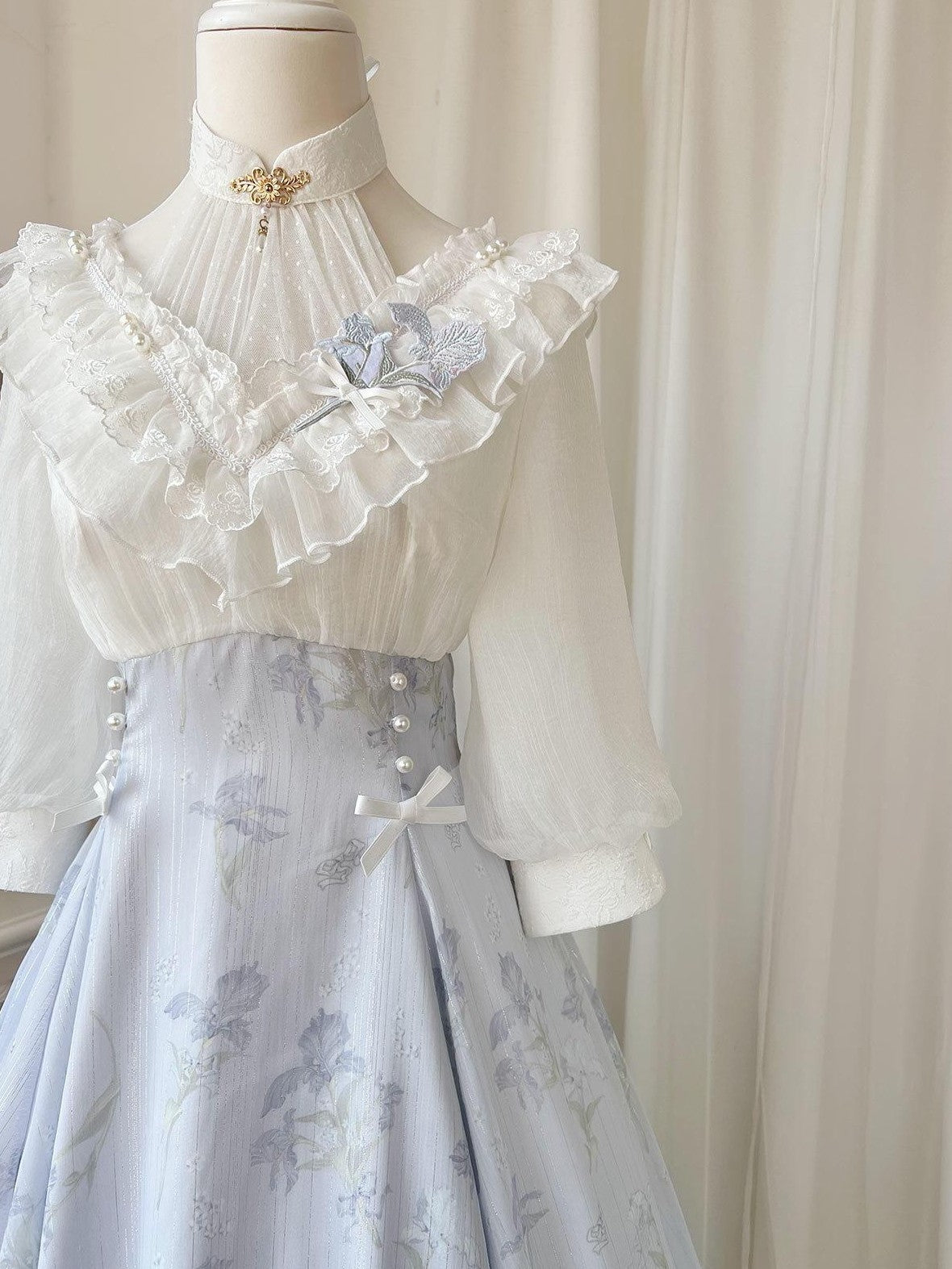 Jing Mu Iris Dream Lolita Bow Stand Collar A Line Women's Polyester Short Sleeve Op