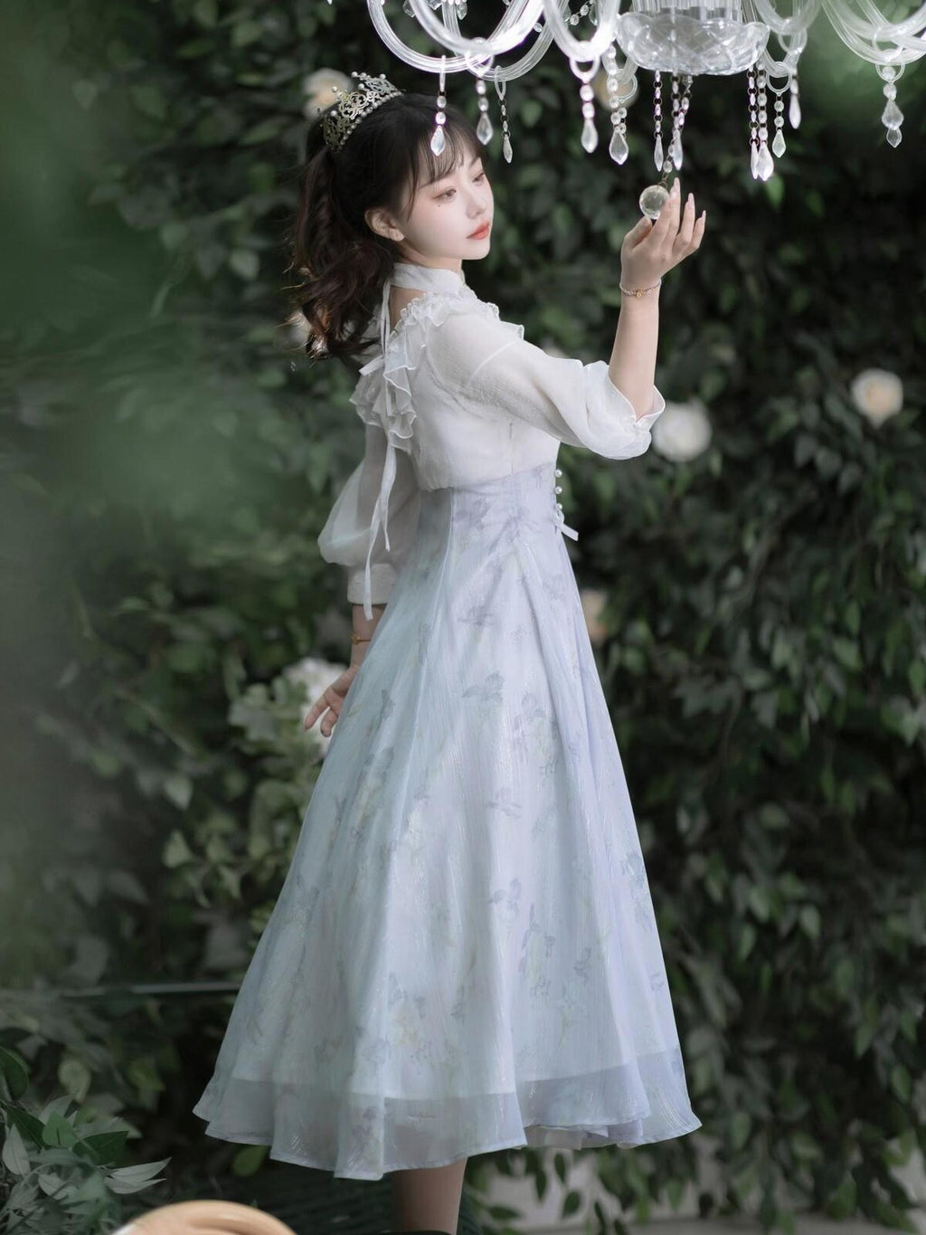 Jing Mu Iris Dream Lolita Bow Stand Collar A Line Women's Polyester Short Sleeve Op